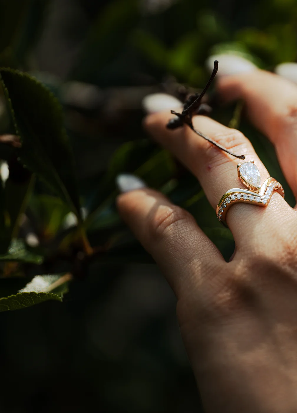 Karolina's engagement ring against dark green leaves